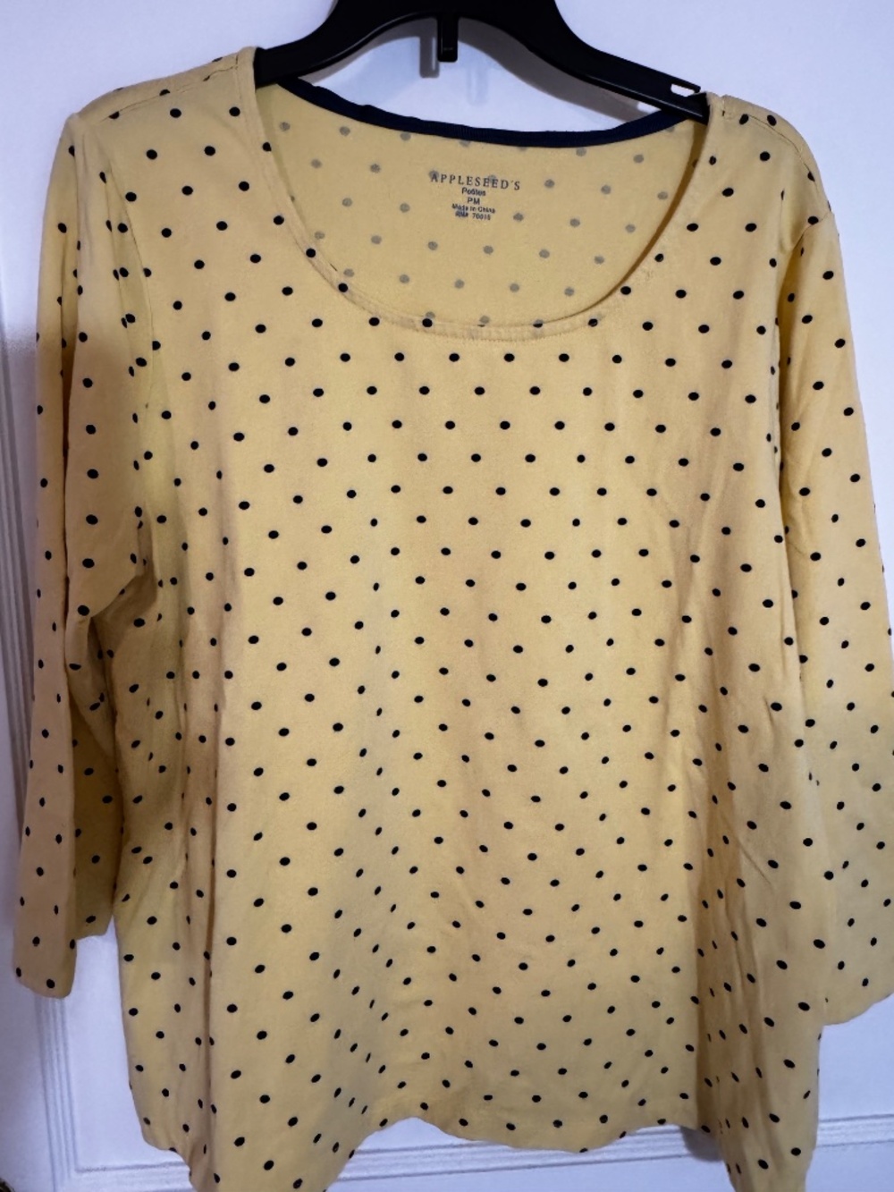 Appleseed's 3/4 Sleeve Knit top, Butter Yellow With Navy Polka Dots, EUC, MP
